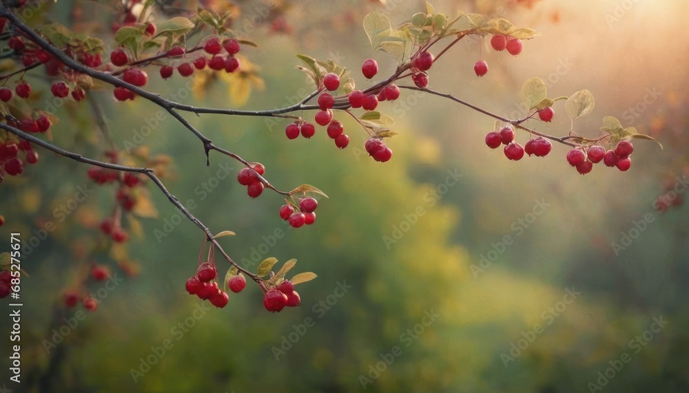  a branch of a tree with red berries hanging from it's branches, with a blurry background of trees and bushes in the foreground, with only one branch in the foreground.