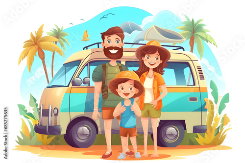 Happy family go to travel in flat style cartoon on white background.
