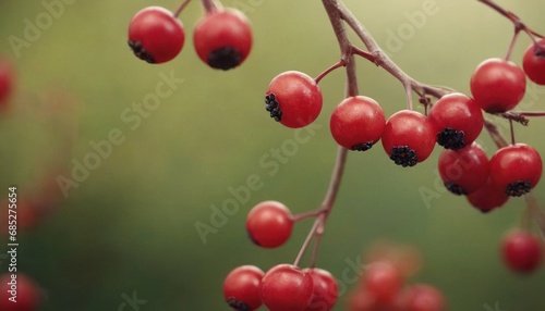  a close up of berries on a tree branch with a blurry background of leaves and berries in the foreground, with a blurry background of green grass.