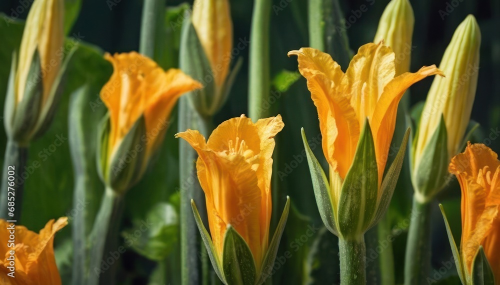 a close up of a bunch of flowers with green stems in the foreground and a yellow flower in the middle of the picture with green stems in the background. a close up of a bunch of flowers with green stems in the foreground and a yellow flower in the middle of the picture with green stems in the background.