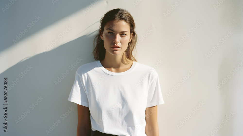 Woman in a white T-shirt poses near a white wall. Hand gestures and emotions. Studio photography. The concept of emotion, strength and fun. Casual wear. Space for text and logo. Generated AI - obrazy, fototapety, plakaty 