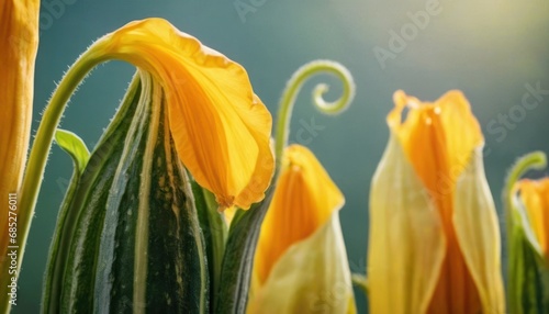  a close up of a yellow flower with a green stem in the foreground and a blurry background in the middle of the image, with a blue sky in the background.