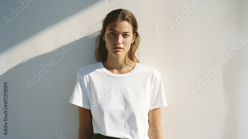 Woman in a white T-shirt poses near a white wall. Hand gestures and emotions. Studio photography. The concept of emotion, strength and fun. Casual wear. Space for text and logo. Generated AI