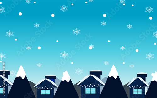 Snow in the village,Flat winter landscape,snowflake and snow,winter holiday wallpaper,bright sky 