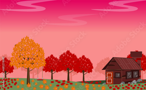 Wood House surrounded by the maples forest,evening sky in the autumn background 