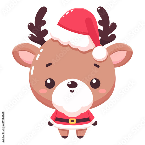cute big head reindeer in Santa Claus costume cartoon character vector illustration. flat design.