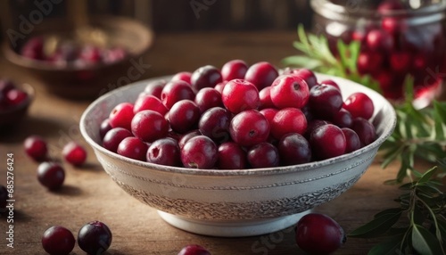  a bowl of cranberries on a table with other cranberries on the table and a glass jar of cranberries on the table in the background.
