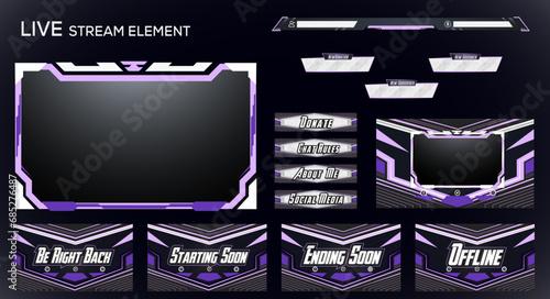Gaming live streaming Purple gradient neon set of overlay, facecam, panel and background element design