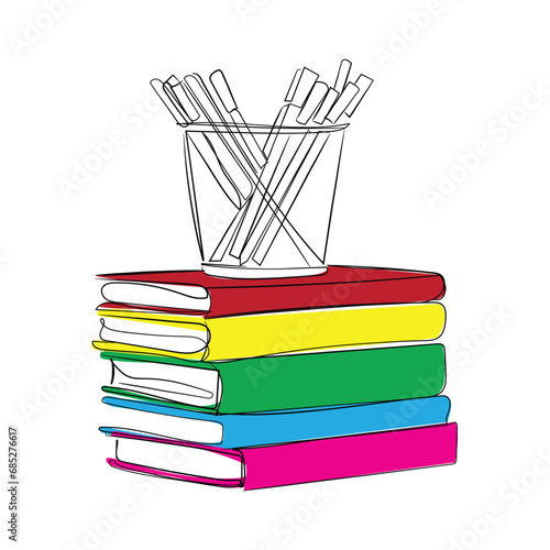 hand drawn line art vector of books and a pen holder. Literature and art