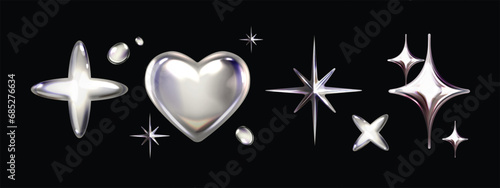 3D chrome y2k shape set, vector silver liquid star, futuristic metal glossy heart steel sticker. Future galaxy retro aesthetic trendy objects cyber metallic reflection cosmic collection. 3D chrome art photo