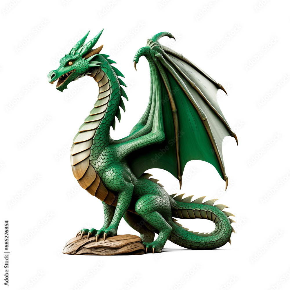 Obraz premium green wooden dragon isolated on transparent or white background, png