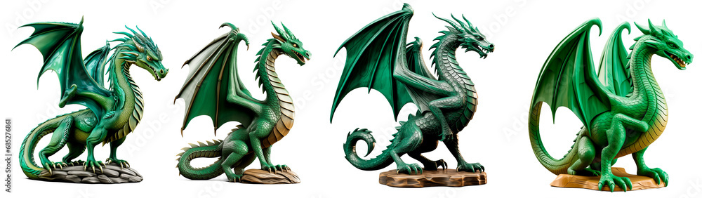 Fototapeta premium green wooden dragon isolated on transparent or white background, png
