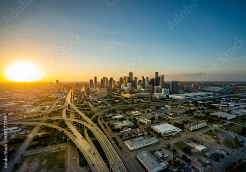 Aerial shot of Houston at sunset take from a helicopter