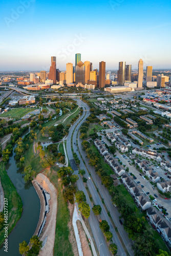 Aerial shot of Houston at sunset take from a helicopter