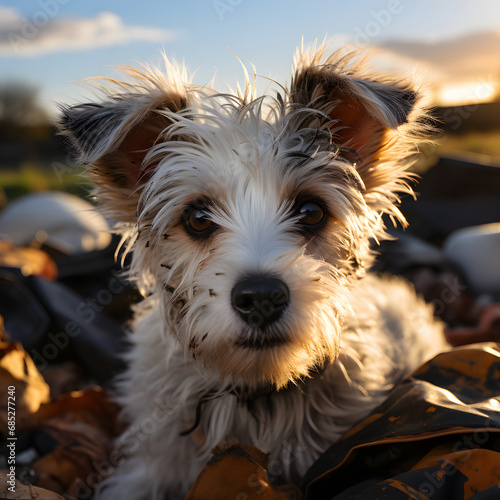 Close up of white terrier dog with gray spots, floppy ears, eyes and sad face in an open field among scrap metal and rubbish. Concept of animal abuse. Abandonment. photo