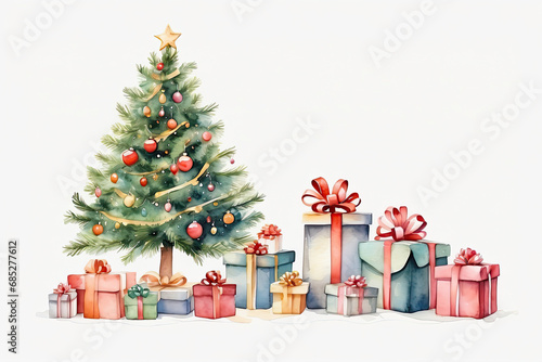 Watercolour christmas tree and gift boxes on a white background. Greeting card for Christmas and New Year © Ольга Симонова