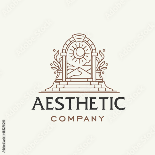mystic doorway logo, antique arch architecture entrance stairway with door, and tropical plant leaf in contemporary modern vintage aesthetic sun arch boho style