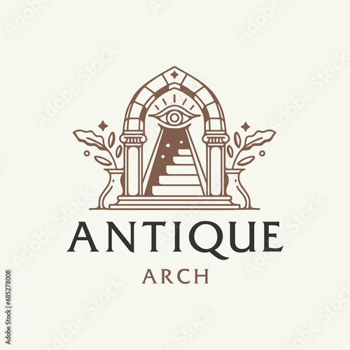 mystic doorway logo, antique arch architecture entrance stairway with door, and tropical plant leaf in contemporary modern vintage aesthetic sun arch boho style