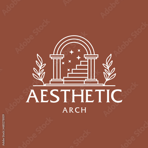 mystic doorway logo, antique arch architecture entrance stairway with door, and tropical plant leaf in contemporary modern vintage aesthetic sun arch boho style