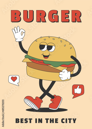 Trendy poster with groovy hippie burger. Cartoon character in trendy retro style. Template for poster, banner, flyer. Vector illustration