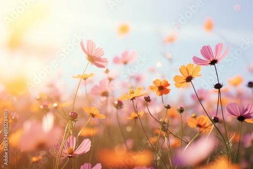 Blooming yellow pink and orange cosmos flowers in field with sunshine