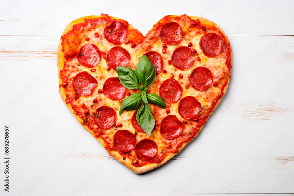 pepperoni pizza in form of heart for valentines day on white wooden background with copy space. Top view pepperoni pizza in form of heart for valentines day on white wooden background with copy space. Top view