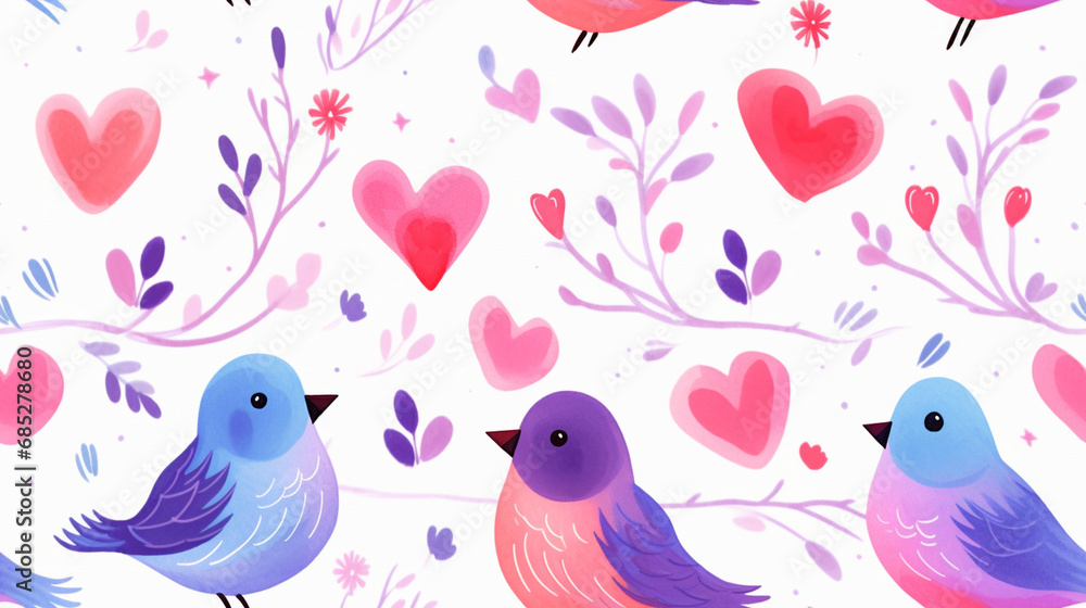 A pattern of lovebirds and hearts, Valentine’s Day, seamless pattern, watercolor style