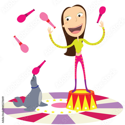 Equilibrist girl and seal with pins in circus. Juggler vector illustration.