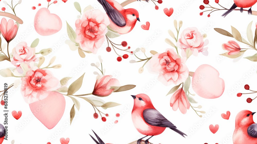 A design of heart-shaped wreaths and lovebirds, Valentine’s Day, seamless pattern, watercolor style