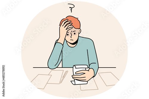 Confused young man sit at table frustrated with bills and expenses. Unhappy guy look at receipts shocked distressed with expenditure and taxes. Vector illustration.