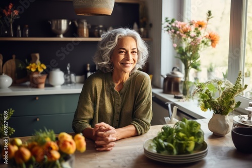 Smiling middle aged woman sitting in domestic kitchen at home