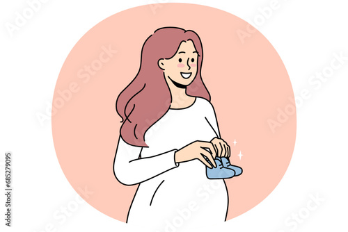 Smiling young pregnant woman holding baby shoes in hands excited about motherhood. Happy future mother awaiting parenthood. Pregnancy. Vector illustration.