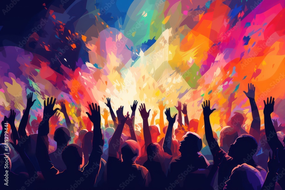 WeCulture A colorful illustration of people raising their hands in a crowd