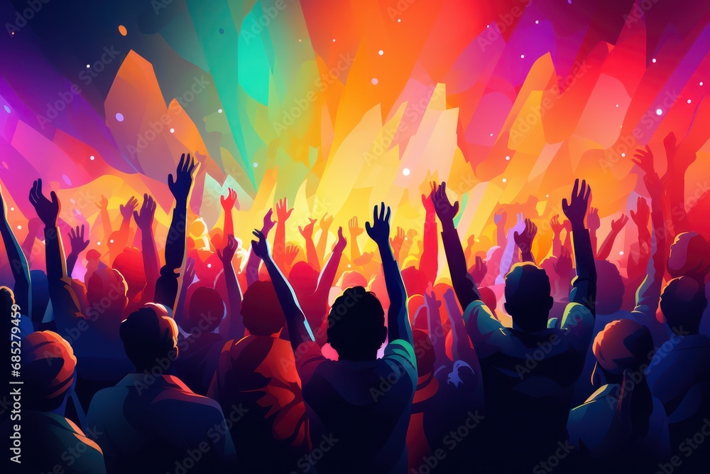 WeCulture A colorful illustration of people raising their hands in a crowd 
