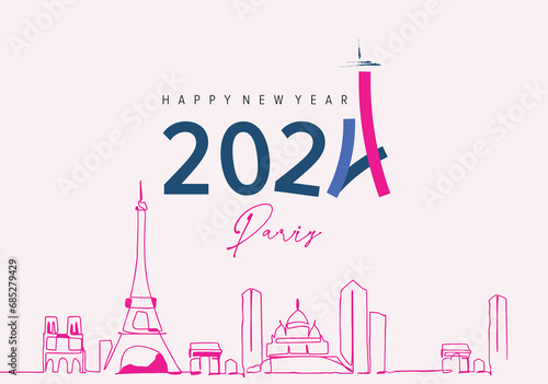 Happy New Year 2024 in Paris. Creative poster design template for banners, advertisements, branding, and social media.