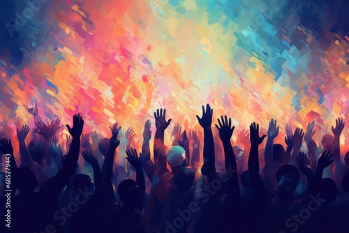 WeCulture A colorful illustration of people raising their hands in a crowd