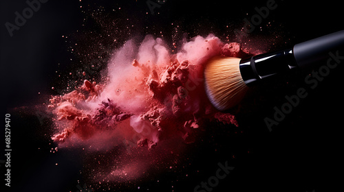 Makeup brush with scattered pink powder on a black background.