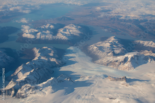 aerial view of glaciers and snowy mountains