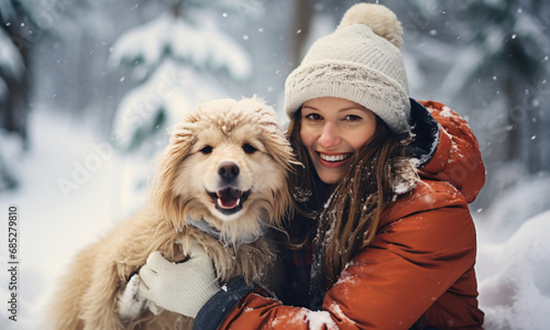 A young woman in warm clothes walking her 2 dogs in a picturesque snowy mountain outdoor. Female laughing and playing with pets and one dog licking an owner's cheek.Human and pets winter concept imag