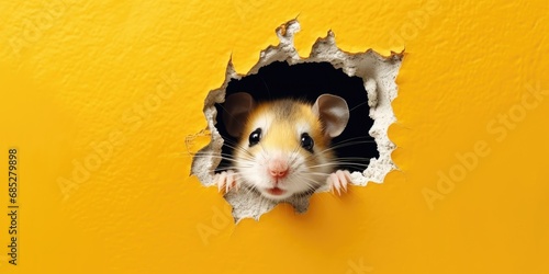 Cute Hamster peeking out of a hole in wall, torn hole, empty copy space frame, mockup. Generative AI image weber.