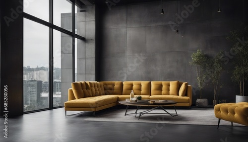 Tufted mustard color sofa near floor to ceiling window against dark concrete wall. Loft home interior