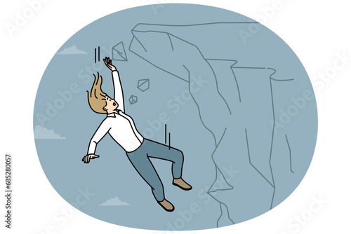 Scared businesswoman fall from cliff suffer from failure or loss at work. Unhappy terrified female employee falling from rock failed with project. Vector illustration.
