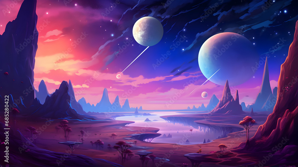 The Magnificent Cosmos Wonders on a Alien Planet. Story with Fantastic Cartoon Style Scene Wallpaper Background Design,Generative Ai. The Magnificent Cosmos Wonders on a Alien Planet. Story with Fantastic Cartoon Style Scene Wallpaper Background Design,Generative Ai.