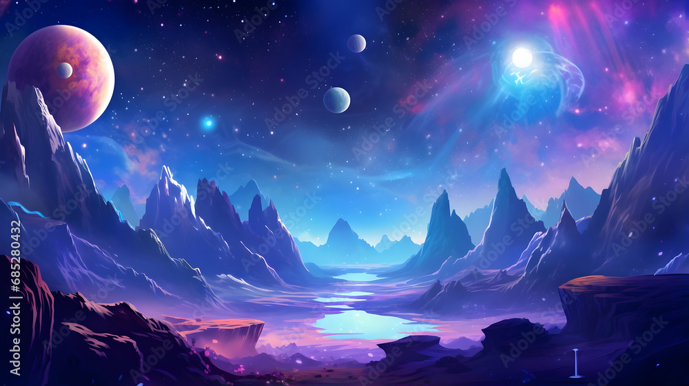 The Magnificent Cosmos Wonders on a Alien Planet. Story with Fantastic Cartoon Style Scene Wallpaper Background Design,Generative Ai.