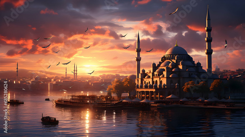 Istanbul mosques at sunset,Generative Ai. photo