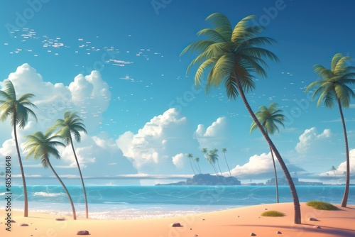 A beach scene with palm trees and a blue sky