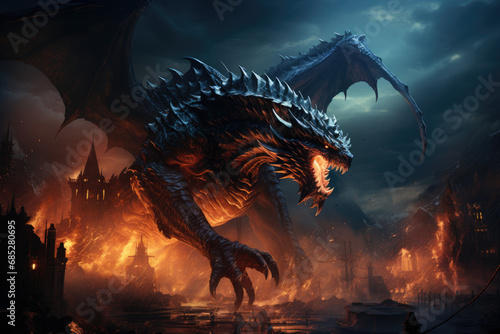 Dragon breathing fire while flying over a village. Mythology creature. Dark fantasy illustration. Generative AI © VertigoAI