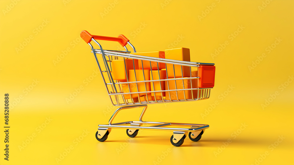 Long shopping cart on yellow background. Sales an discounts concept. 3d illustration,Generative Ai.