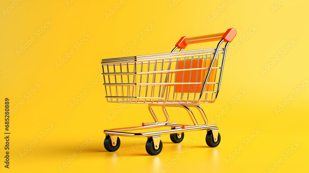 Long shopping cart on yellow background. Sales an discounts concept. 3d illustration,Generative Ai. Long shopping cart on yellow background. Sales an discounts concept. 3d illustration,Generative Ai.