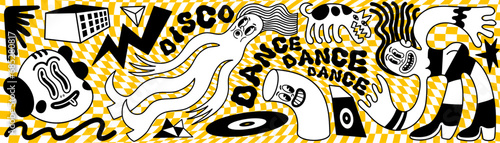 Cartoon rave music retro banner. Groovy music party with minimalist figures of dancing people o checkered background. Ideal for vintage design, animation, stickers, v